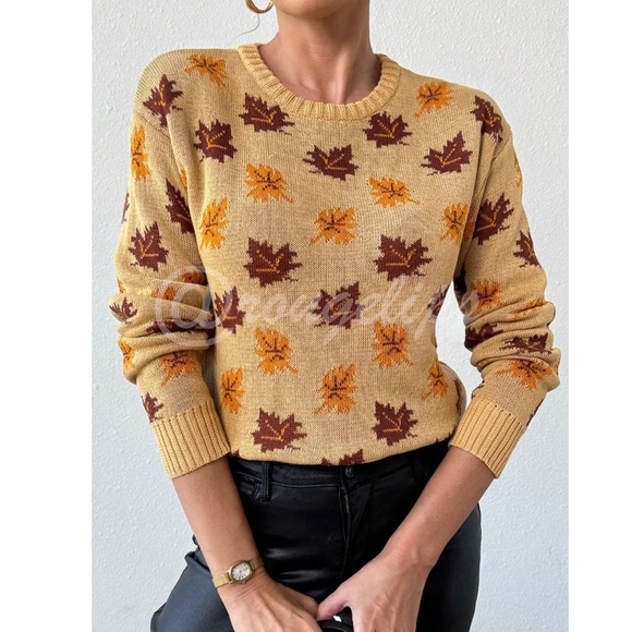 Leaf Print Knit Khaki Sweater Pullover for Fall Autumn - Picture 4 of 7